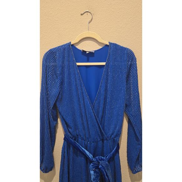Karina Grimaldi Garda Women's Beaded Wrap Dress Blue Knee Length Size S - Picture 2 of 8
